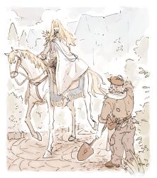  2boys apron arm_up ascot belt_pouch bird blonde_hair blue_ascot border brown_shirt brown_shoes bush cape commentary day fate/grand_order fate_(series) feathers gloves gold_trim grey_apron grey_hair grey_pants hand_on_headwear hat holding holding_reins holding_shovel horse horseback_riding jacket kirschtaria_wodime long_hair long_sleeves looking_at_another m-tobiei male_focus medium_hair multiple_boys no_eyes old old_man open_mouth outdoors pale_color pants pouch red_hat reins riding scissors shirt shoes shovel side_cape sleeves_rolled_up smile waist_apron white_border white_cape white_feathers white_gloves white_jacket white_pants white_shoes 