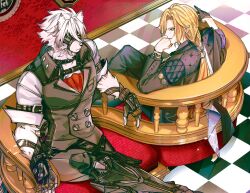  2boys animal_ear_fluff animal_ears arm_out_of_sleeve bicep_strap black_coat black_gloves black_pants blonde_hair body_fur bracelet checkered_floor clenched_hand closed_mouth coat collared_vest colored_tips commentary_request couch crossed_legs ear_piercing earrings eyepatch fang fingerless_gloves from_above furry furry_male furry_with_non-furry gloves gold_ring grey_vest hair_between_eyes hand_on_own_chin highres hugo_vlad indoors interspecies jewelry lapel_pin long_hair looking_at_another mole mole_under_eye multicolored_hair multiple_boys multiple_rings muzzle_(mask) on_couch painting_(object) pants piercing pointy_ears prosthesis prosthetic_leg purple_shirt red_couch red_eyes ring ring_hair_ornament shinryoku_k3 shirt single_glove sitting sleeves_rolled_up tail tail_belt vest von_lycaon watch watch white_fur white_shirt wolf_boy wolf_ears wolf_tail zenless_zone_zero 