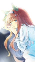  1girl alternate_costume animal_ears aqua_eyes blunt_bangs commentary_request dress ear_covers highres hime_cut horse_ears horse_girl horse_tail long_hair long_sleeves looking_at_viewer open_mouth orange_hair silence_suzuka_(umamusume) simple_background solo tail umamusume white_background white_dress yrouumkinnoaw 