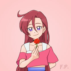  1girl arm_behind_back asymmetrical_bangs asymmetrical_hair bare_shoulders black_choker blue_pants blush choker closed_mouth collarbone commentary cowlick crop_top cropped_shirt fingernails flower fuefukipiper hair_between_eyes hand_up highres holding holding_flower long_hair long_hair_between_eyes looking_at_viewer midriff off-shoulder_shirt off_shoulder pants precure red_background red_flower red_hair red_rose red_shirt rose shirt short_sleeves simple_background smile solo sports_bra straight-on takizawa_asuka tropical-rouge!_precure upper_body violet_eyes white_sports_bra 