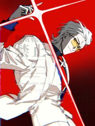  1boy black_shirt collared_shirt hair_slicked_back highres jacket light_smile looking_at_viewer male_focus medium_hair necktie omizu000_000 panties red_background red_necktie shirt snapping_fingers solo suit suit_jacket sunglasses to_be_hero to_be_hero_x twitter_username underwear upper_body veil vest waistcoat white_hair white_jacket white_panties white_suit white_veil x_(to_be_hero_x) x_ornament 