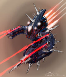  amarr_empire_(eve_online) brown_background commentary concept_art destroyer_(eve_online) energy energy_cannon english_commentary eve_online firing flying glowing lowres military_vehicle no_humans novafox original pirate_faction_(eve_online) sansha's_nation_(eve_online) spacecraft spacecraft_turret spikes thrusters vehicle_focus 