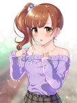  1girl blush breasts brown_hair commentary_request frown hair_ornament hair_scrunchie highres idolmaster idolmaster_cinderella_girls igarashi_kyoko jewelry looking_at_viewer medium_breasts natsuya_(natuya777) necklace off-shoulder_shirt off_shoulder open_mouth purple_shirt scrunchie shirt side_ponytail solo upper_body yellow_eyes 