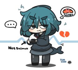  ... 1girl :t arrow_(symbol) black_hoodie black_shoes blue_eyes blue_hair blush broken_heart cardiogram character_name chibi closed_mouth commentary_request eating english_text fins fish_tail food fuka-chan full_body grey_pantyhose grey_skirt hair_between_eyes heart highres holding holding_food hood hood_down hoodie long_sleeves motion_lines onigiri original pantyhose salmon sea_urchin shark_tail shoes short_eyebrows skirt sleeves_past_wrists solo spoken_ellipsis spoken_food squiggle standing tail thick_eyebrows uni_souchou v-shaped_eyebrows wavy_mouth white_background 
