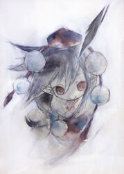  1girl black_hair hat ikeda_ruriko looking_at_viewer medium_hair messy_hair pom_pom_(clothes) red_eyes red_hat shameimaru_aya solo tokin_hat touhou white_background 