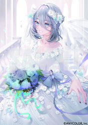  1girl aqua_eyes aqua_ribbon arcade_(architecture) arch baby&#039;s-breath bare_shoulders black_nails blue_flower blue_rose bouquet bow braid bridal_veil bride butterfly_hair_ornament closed_mouth collarbone copyright_notice cowboy_shot dress dress_flower flower flower_trim gown gradient_clothes gradient_dress grey_bow grey_dress grey_flower grey_hair grey_rose grin hair_between_eyes hair_flower hair_intakes hair_ornament half_up_braid holding holding_bouquet kinokohime lace lace-trimmed_veil lace_trim long_dress long_hair_between_eyes long_sleeves looking_at_viewer mole mole_under_eye mole_under_mouth nail_polish nijisanji off-shoulder_dress off_shoulder offering_hand official_art purple_flower ribbon rose sample_watermark sideways_glance smile solo sophia_valentine stairs standing veil virtual_youtuber waist_bow watermark wedding_dress white_dress white_flower white_rose white_veil 