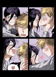  1boy 1girl blonde_hair blush busuttt chainsaw_man couple denji_(chainsaw_man) grey_eyes grey_shirt hair_between_eyes heart hetero highres image_in_speech_bubble kiss purple_hair reze_(chainsaw_man) shirt short_hair speech_bubble yellow_eyes 