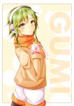  1girl absurdres black_legwear blush character_name coat earmuffs fur_trim gloves green_eyes green_hair gumi hairband hand_on_own_chest highres looking_at_viewer mugita77 orange_scarf pantyhose parted_lips scarf short_hair simple_background solo standing vocaloid white_gloves white_shorts winter_clothes winter_coat 