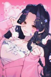  1girl aegyo_sal artist_name bandaid bandaid_on_cheek bandaid_on_face black_hair bow bow_camisole bow_earrings bow_necklace braid braided_sidelock brown_eyes camisole cardigan chromatic_aberration commentary commission curled_fingers curtained_hair dutch_angle earrings eyelashes film_grain floating floating_object four-pointed_star frilled_camisole frills gold_earrings gold_necklace hair_ornament hairclip hairpin heart heart_earrings heart_necklace heart_sticker highres jewelry lace_background light_blush light_smile long_hair looking_at_viewer low-tied_sidelocks mole mole_on_cheek multiple_hairpins multiple_moles necklace noisykoala off-shoulder_cardigan original outline outside_border parted_bangs pink_background pink_cardigan pink_nails pink_theme polka_dot_border purple_outline rabbit_sticker sidelocks single_braid single_sidelock sleeves_past_wrists spaghetti_strap star_(symbol) sticker sticker_on_face stuffed_animal stuffed_rabbit stuffed_toy symbol-only_commentary thick_lips upper_body v very_long_hair wavy_hair white_bow white_camisole x_hair_ornament 