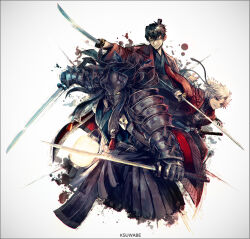  3boys armor armored_gloves black_hair black_hakama black_kimono dual_wielding fate/grand_order fate_(series) gloves hair_knot hakama haori hattori_takeo_(fate) helmet holding itou_kashitarou_(fate) japanese_armor japanese_clothes k-suwabe katana kimono lantern multiple_boys paper_lantern partially_fingerless_gloves ponytail red_haori sword toudou_heisuke_(fate) unsheathed weapon white_background white_hair 