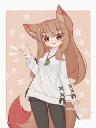 1girl :3 absurdres animal_ear_fluff animal_ears arm_up black_pants black_ribbon border brown_background brown_hair commentary_request cowboy_shot crossed_bangs fang fox_ears fox_girl fox_shadow_puppet fox_tail hair_between_eyes highres jewelry leaf light_blush long_hair long_sleeves looking_at_viewer magatama magatama_necklace maple_leaf necklace nikaon notice_lines open_mouth original pants red_eyes ribbon shirt_ribbon simple_background sleeves_past_wrists smile solo sweater tail twitter_username white_border white_sweater wide_sleeves 