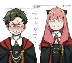  1boy 1girl aged_up ahoge anya_(spy_x_family) black_hair black_jacket blush character_age clenched_teeth collared_dress collared_shirt damian_desmond dress eden_academy_school_uniform furrowed_brow gold_trim grin hairpods height_difference jacket long_hair looking_at_another parted_bangs pink_hair red_cross_tie school_uniform shirt short_hair smile spy_x_family squinting sweat teeth upper_body white_background yellow_eyes 