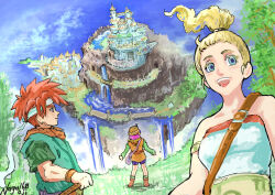  1boy 2girls artist_name bag bare_shoulders black_shorts blonde_hair blue_eyes boots breasts brown_boots chrono_trigger crono_(chrono_trigger) floating_island green_shirt green_tunic headband helmet holding holding_sword holding_weapon long_hair lucca_ashtear marle_(chrono_trigger) medium_breasts multiple_girls naga160oji necktie open_mouth orange_necktie orange_tunic outdoors parted_bangs ponytail purple_hair red_hair romper shirt short_hair shorts shoulder_bag smile spiky_hair sword tunic upper_body water waterfall weapon white_headband white_romper 