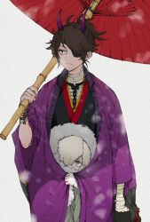  2boys age_difference aged_down andrew_kreiss bandaged_arm bandaged_hand bandaged_neck bandages bububuki collar covered_mouth eyepatch fingernails frown hair_over_one_eye height_difference highres holding holding_umbrella horns identity_v japanese_clothes kimono looking_ahead looking_at_another looking_up luca_balsa male_focus metal_collar multiple_boys official_alternate_costume oni parasol purple_horns red_eyes sharp_fingernails umbrella under_another&#039;s_clothes white_hair 