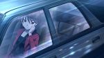  1girl artist_check bangs brown_eyes car formal game_cg hand_on_own_face higurashi_no_naku_koro_ni looking_at_viewer minai_tomoe motor_vehicle rato red_suit short_hair sitting suit vehicle 