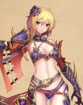  1girl armor ass_visible_through_thighs bare_shoulders bikini_armor blonde_hair bracer braid breasts cleavage close-up copyright_request gauntlets hair_ornament highres looking_at_viewer midriff official_art revealing_clothes senteiou solo tassel 