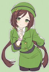  black_pantyhose blush bowler_hat breasts brown_hair buttons closed_mouth double-breasted green_background green_eyes green_hat green_jacket green_skirt hat hayakawa_tazuna horseshoe_hat_ornament horseshoe_ornament jacket long_hair long_sleeves mauve pantyhose shirt simple_background skirt skirt_suit smile split_ponytail suit umamusume 