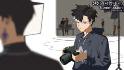  2boys 8083_blue artist_name black_hair blurry blurry_foreground camera closed_mouth commission digital_camera drawstring earrings holding holding_camera hood hood_down hoodie hoshina_soshiro jewelry kaijuu_no._8 long_sleeves looking_at_another male_focus multiple_boys narumi_gen people pink_eyes short_hair white_background 