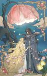  1boy 1girl absurdly_long_hair armor black_hair blonde_hair cape circlet clouds emeraude_(rayearth) flower frame guriko_(pixiv229226) hair_ornament height_difference highres holding_hands leaf long_hair looking_at_another magic_knight_rayearth pearl spoilers very_long_hair vines zagato_(rayearth) 