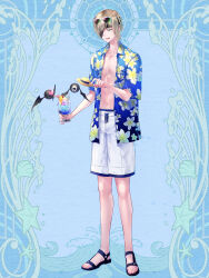  1boy :d alfiedo_krofi blonde_hair blue_background crazy_straw dairoku_ryouhei del_depths drinking drinking_straw eyeball eyepatch eyewear_on_head hat hawaiian_shirt heart heart-shaped_eyes highres holding holding_unworn_clothes holding_unworn_hat male_focus mini_hat navel open_clothes open_shirt sandals shirt smile standing sunglasses unworn_hat unworn_headwear white_swim_trunks 