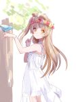  1girl beads bird bird_on_hand blush bow bracelet brown_eyes brown_hair dress flower hair_bow head_wreath index_finger_raised jewelry layered_dress long_hair love_live!_school_idol_project mei_(maysroom) minami_kotori one_side_up see-through smile solo standing tree white_dress 