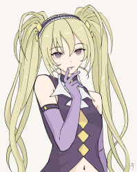  1girl absurdres blonde_hair blush choker commentary dark_jewel gloves hair_between_eyes hairband highres hoshina_utau lone_nape_hair looking_at_viewer magical_girl navel purple_gloves shirt shugo_chara! sidelocks simple_background sleeveless sleeveless_shirt smile solo twintails upper_body yuxx00xxx 
