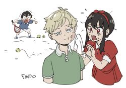  1girl 2boys aged_down artist_name ball black_hair blue_eyes blue_shirt brother_and_sister bruise bruise_on_face child collared_dress collared_shirt crying dress findoworld green_shirt hairband highres holding holding_rag holding_tennis_racket injury long_hair looking_at_another multiple_boys puffy_short_sleeves puffy_sleeves racket red_dress red_eyes red_hairband shirt short_hair short_sleeves shorts siblings sidelocks snot spy_x_family streaming_tears sweatdrop tears tennis_ball tennis_racket twilight_(spy_x_family) updo wavy_mouth white_background white_shorts wide-eyed yor_briar yuri_briar 