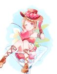  1girl :q arm_garter artist_name beads bracelet brown_hair cherry cherry_print cross-laced_footwear cup dress drinking_glass food food_themed_clothes frills fruit gloves hair_ornament hairclip hand_on_headwear hat in_container in_cup jewelry koizumi_hanayo leaf leg_garter love_live!_school_idol_project mei_(maysroom) minigirl necklace one_eye_closed pink_gloves red_eyes short_hair signature sitting smile solo strapless_dress tongue tongue_out 