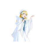  1girl :d ayase_eli beret blonde_hair blue_eyes dress fake_wings hand_on_own_chest hat long_hair love_live!_school_idol_project official_art open_mouth outstretched_hand smile white_background white_dress wings 