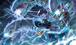  1boy black_shirt blue-eyes_ultimate_dragon blue_eyes brown_hair card coat deck_of_cards dragon duel_disk duel_monster highres holding holding_card kaiba_seto male_focus moemoenomori powering_up sharp_teeth shirt solo_focus teeth trading_card upper_body white_coat yu-gi-oh! yu-gi-oh!_duel_monsters 