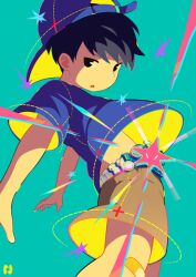  1boy aqua_background backwards_hat bad_id bad_tumblr_id bandaid bandaid_on_knee bandaid_on_leg baseball_cap black_eyes black_hair child hat looking_at_viewer male_focus noeyebrow_(mauve) open_mouth original shirt shorts simple_background solo t-shirt 