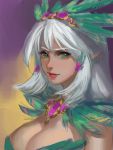  1girl blush breasts cleavage dark_skin elf feathers green_eyes highres jewelry large_breasts lipstick long_hair looking_at_viewer looking_to_the_side makeup necklace pointy_ears silver_hair solo yuwei_li 