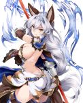  1girl animal_ears armor black_gloves breasts brown_eyes butt_crack cleavage cowboy_shot elbow_gloves gloves granblue_fantasy hair_between_eyes hair_tubes hairband heles large_breasts long_hair pauldrons polearm shinozuka_atsuto side_slit sideboob silver_hair solo spear thigh-highs vambraces very_long_hair weapon 