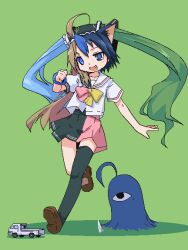  1girl :d ahoge animal_ears black_hair black_sailor_collar black_skirt black_thighhighs blue_eyes blue_hair bow bowtie brown_hair brown_shoes cat_ears fang full_body futaba_channel green_hair half-closed_eye heterochromia looking_at_viewer moetron mof multicolored_hair oekaki pink_bow pink_bowtie pink_sailor_collar pink_skirt running sailor_collar school_uniform serafuku shoes single_thighhigh skirt smile solo thigh-highs toy_truck twintails two-tone_bow two-tone_bowtie two-tone_sailor_collar two-tone_skirt yellow_bow yellow_bowtie 