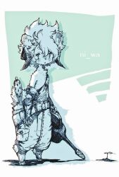  1boy body_fur claws commentary_request digitigrade fingerless_gloves fuji_166 full_body furry furry_male gloves green_background holding holding_watering_can horns looking_at_viewer male_focus monochrome original overalls plant short_hair solo sprout standing strap_slip tail watering_can 