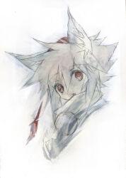  1girl animal_ears hat ikeda_ruriko inubashiri_momiji looking_at_viewer medium_hair pom_pom_(clothes) red_eyes red_hat solo spot_color touhou white_background white_hair wolf_ears 