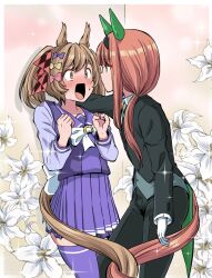  2girls alternate_costume animal_ears black_pants blue_thighhighs blush bow brown_eyes brown_hair checkered_ribbon eye_contact flower gloves hair_bow hair_ribbon highres horse_ears horse_girl horse_tail long_hair long_sleeves looking_at_another multiple_girls open_mouth orange_hair pants pink_bow purple_bow red_ribbon ribbon school_uniform shino_(ponjiyuusu) short_hair silence_suzuka_(umamusume) smart_falcon_(umamusume) standing suit tail thigh-highs tracen_school_uniform umamusume white_flower white_gloves yellow_bow yuri zettai_ryouiki 