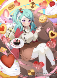  1girl aqua_hair black_choker blueberry braid braided_bangs brown_skirt cake candy cardigan cherry chocolate chocolate_cake choker closed_mouth commentary_request cookie copyright_notice couch cushion food fruit hair_ornament heart heart-shaped_chocolate heart-shaped_food heart_hair_ornament highres holding holding_plate holding_spoon long_hair official_art on_couch one_side_up open_cardigan open_clothes pilokey plate red_cardigan red_nails ribbed_sweater skirt solo sparkle spoon strawberry sweater sweets thigh-highs tsukigata_yuni violet_eyes white_sweater white_thighhighs z/x 