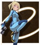  1girl ayase_eli blue_eyes bodysuit commentary cosplay expressionless gun highres holding_gun holding_weapon look-alike looking_at_viewer love_live!_school_idol_project metroid one_leg_raised ponytail samus_aran samus_aran_(cosplay) scrunchie shikei_(jigglypuff) short_hair simple_background skin_tight solo standing_on_one_leg stun_gun super_smash_bros. trigger_discipline violet_eyes weapon zero_suit 