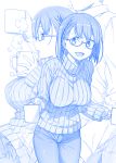  1boy 1girl braid breasts commentary_request cup denim glasses head_out_of_frame himura_kiseki holding_cup jeans large_breasts leaning_on_person monochrome mug multiple_views open_mouth original pants profile ribbed_sweater semi-rimless_glasses short_hair side_braid smile steam sweater turtleneck 