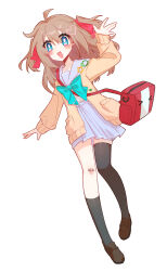  1girl absurdres ahoge animal_ears aqua_bow aqua_bowtie arm_up asymmetrical_legwear bag bandaid bandaid_on_knee bandaid_on_leg black_shoes black_socks black_thighhighs blue_eyes blue_sailor_collar blue_skirt bow bowtie brown_hair brown_shoes cardigan commentary_request duffel_bag full_body hair_between_eyes hair_ornament hair_ribbon heart heart_hair_ornament highres long_hair long_sleeves miniskirt neuro-sama open_mouth red_ribbon ribbon sailor_collar shoes simple_background single_sock single_thighhigh skirt socks solo tail tail_bow tail_ornament thigh-highs twintails two_side_up uneven_legwear user_hmyv8473 vedal_ai virtual_youtuber white_background yellow_cardigan 