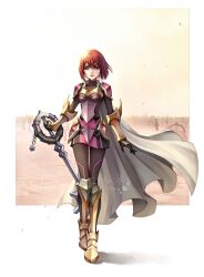  1girl armor armored_boots armored_dress armored_gloves artist_name battlefield black_pantyhose blue_eyes bob_cut boots border breasts cape dress full_body hair_between_eyes highres holding holding_weapon hollypolllyy kairi_(kingdom_hearts) keyblade kingdom_hearts medium_breasts pantyhose pink_dress red_hair short_hair shoulder_armor solo weapon white_border white_cape 