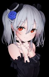  black_background black_choker black_hat blue_flower blue_rose bowler_hat choker closed_mouth commentary_request doll_joints double-parted_bangs expressionless flower frills hair_between_eyes hand_up hat hat_flower highres index_finger_raised joints light_blush long_sleeves looking_at_viewer medium_hair mini_hat off_shoulder orchis puffy_long_sleeves puffy_sleeves red_eyes rose shadowverse shadowverse:_worlds_beyond short_twintails simple_background spicespice06 twintails upper_body white_hair 