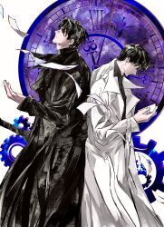  2boys 8d2suga9 back-to-back black_coat black_hair black_shirt coat falling_paper from_side gears head_tilt highres kim_dokja looking_at_object male_focus multiple_boys omniscient_reader&#039;s_viewpoint open_clothes open_coat outstretched_hand pocket_watch popped_collar roman_numeral shirt short_hair watch white_coat yoo_joonghyuk 