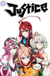  4girls ahoge animal_ears beret blue_fire braid brown_hair cecilia_immergreen cecilia_immergreen_(1st_costume) claw_(weapon) crossed_arms dc_comics detached_collar doll_joints elizabeth_rose_bloodflame elizabeth_rose_bloodflame_(1st_costume) fingerless_gloves fire gigi_murin gigi_murin_(1st_costume) gloves goggles goggles_on_head green_eyes grey_hair hat highres holojustice hololive hololive_english hood hoodie huge_ahoge joints justice_league_international magho multiple_girls orange_hoodie panther_ears parody pink_eyes pink_hair raised_eyebrow raora_panthera raora_panthera_(1st_costume) red_eyes red_hair side_braid smile twintails virtual_youtuber weapon white_background winding_key yellow_eyes 