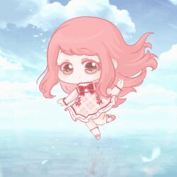  1girl :o animated animated_gif ankle_socks bare_shoulders bloom_poetry_(shining_nikki) blue_sky bow bow_legwear bowtie brown_eyes cardcaptor_sakura chibi chinese_commentary clothes_writing clouds coattails colored_eyelashes commentary_request cosplay cross-laced_clothes cross-laced_dress crown day dress dress_ribbon feather_dress feathers floating_clothes floating_hair frilled_shirt frills game_screenshot_background gloves holding holding_wand kinomoto_sakura kinomoto_sakura_(clear_wings) kinomoto_sakura_(cosplay) light_blush long_hair long_sleeves magical_girl mary_janes medium_dress mini_crown nikki_(series) ocean outdoors parted_lips pinafore_dress pink_dress pink_hair plaid_clothes plaid_dress red_bow red_bowtie red_ribbon reflection reflective_water ribbon screenshot_background shining_nikki shirt shoes sidelocks sky sleeveless sleeveless_dress sleeves_past_wrists socks solo sparkle standing standing_on_liquid tareme transformation turtleneck turtleneck_dress turtleneck_shirt very_long_hair wand white_crown white_dress white_gloves white_shirt white_shoes white_socks xiaoyu_qixing 