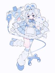  1girl :o animal_ears apron asymmetrical_legwear blue_bow blue_bowtie blue_dress blue_eyes blue_pantyhose blue_shoes blush bow bowtie commentary dress frilled_apron frilled_dress frills full_body hair_ornament hand_up hat highres long_sleeves loose_socks open_mouth original pantyhose platform_shoes rabbit_ears rabbit_girl rabbit_hair_ornament shoes simple_background single_leg_pantyhose socks socks_over_pantyhose solo standing standing_on_one_leg striped_clothes striped_pantyhose uneven_legwear upa_papa_co white_apron white_background white_hat white_socks 