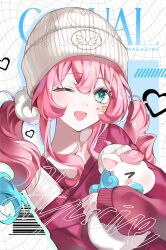  1girl absurdres alternate_costume aqua_eyes aqua_hair beanie character_name cover creature drill_hair fake_magazine_cover gradient_hair hashtag-only_commentary hat heart highres holding holding_creature honkai:_star_rail honkai_(series) hyacine_(honkai:_star_rail) little_ica_(honkai:_star_rail) looking_at_viewer magazine_cover medium_hair multicolored_hair nod2_u one_eye_closed open_mouth pink_hair red_sweater ribbed_hat sidelocks single_bare_shoulder smile solo sweater twin_drills twintails two-tone_hair upper_body white_hat 