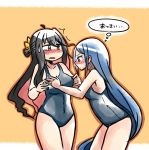  2girls ahoge bangs bare_shoulders black_hair blue_eyes blue_hair blush breasts hair_ribbon hand_on_another&#039;s_chest highres kantai_collection long_hair mira_shamaliyy multicolored_hair multiple_girls naganami_(kantai_collection) one-piece_swimsuit open_mouth pink_hair ribbon samidare_(kantai_collection) school_swimsuit simple_background sweatdrop swept_bangs swimsuit tears thighs translated very_long_hair yellow_eyes 