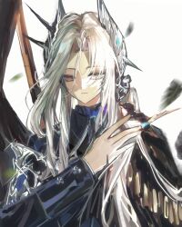  1girl absurdres animal_on_shoulder bird bird_on_shoulder black_cape blue_jacket cape falling_feathers feathers grey_eyes hair_ornament hand_up highres jacket looking_at_viewer low_ponytail military_uniform parted_bangs ponytail reverse:1999 sentinel_(reverse:1999) side_cape solo sparrow upper_body weiyan_(nbnbmwnl) white_background white_hair 